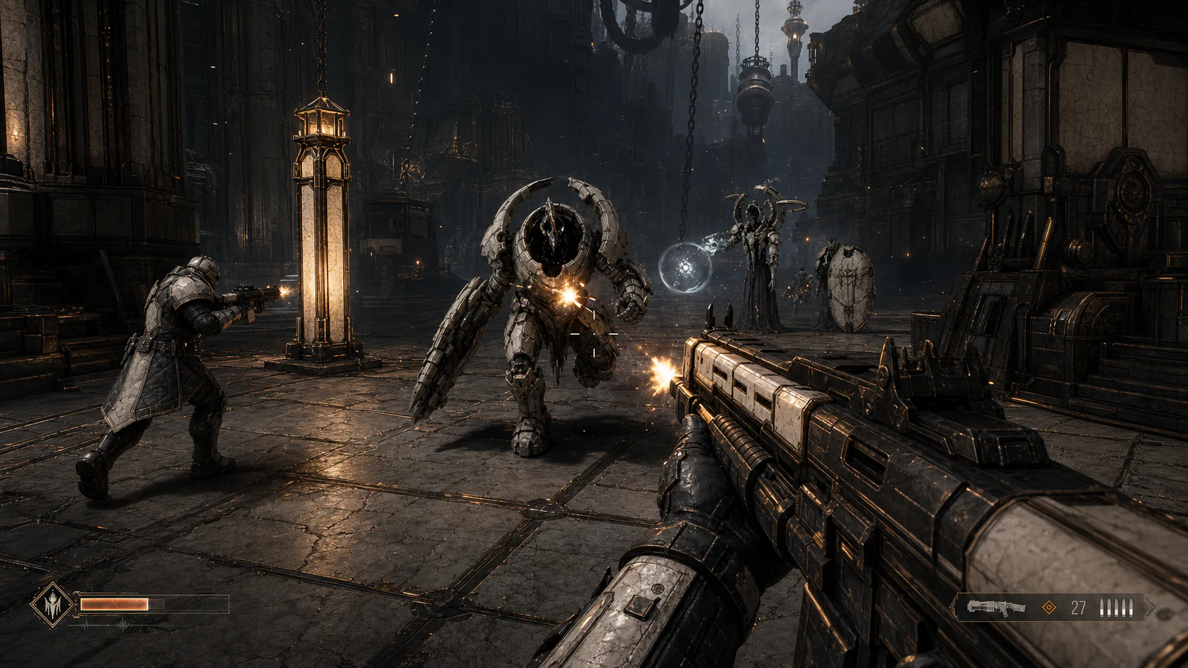 Simulated first-person gameplay: an Anvil fires a Hearthforged rifle at Hollow constructs in the Foundry Below while an ally advances