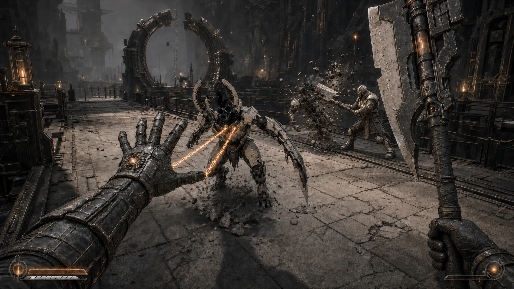 Simulated first-person gameplay: a Warden draws a Husk into range while an ally swings a Brand through another Hollow construct, breaking its shell into ash