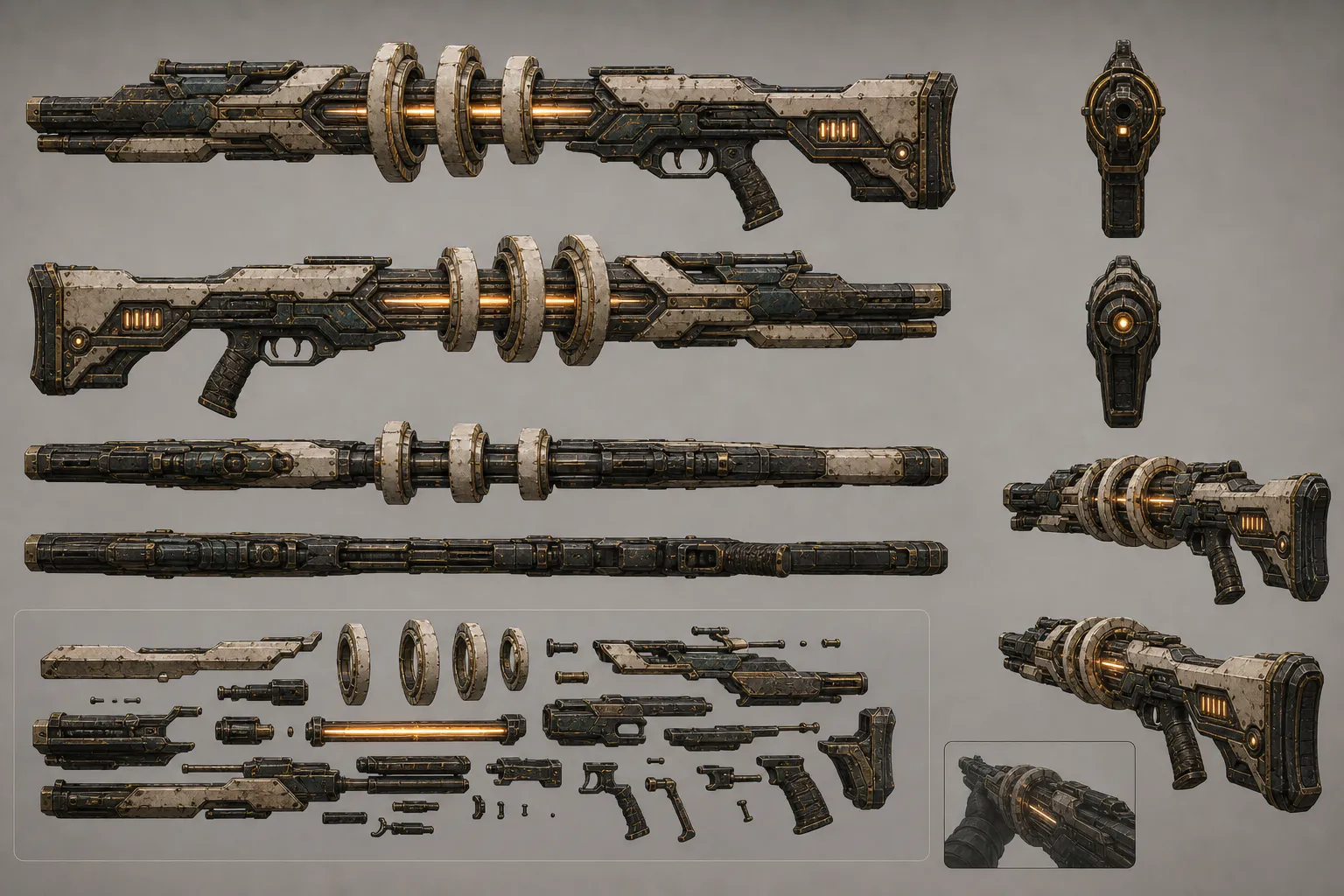 Multi-angle concept model sheet of Quiet Refused, a long Emberbound firearm with three pale rings around a glowing sunrise chamber