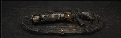 Concept render of a strapped, well-worn rifle resting on a faintly marked ground cradle