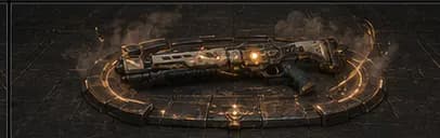 Concept render of a radiant rifle on a ground cradle wreathed in a halo of ember-gold light