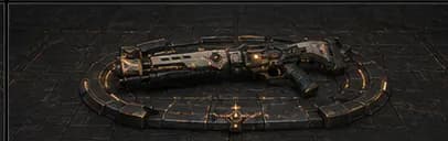 Concept render of an etched rifle on a ground cradle with warm light rising from its seams