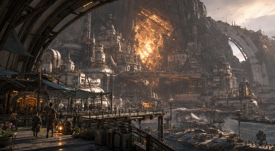 Concept vista of Hearth: a pale ceramic city built into a caldera wall around an enormous burning Ember, with market terraces and a harbor below